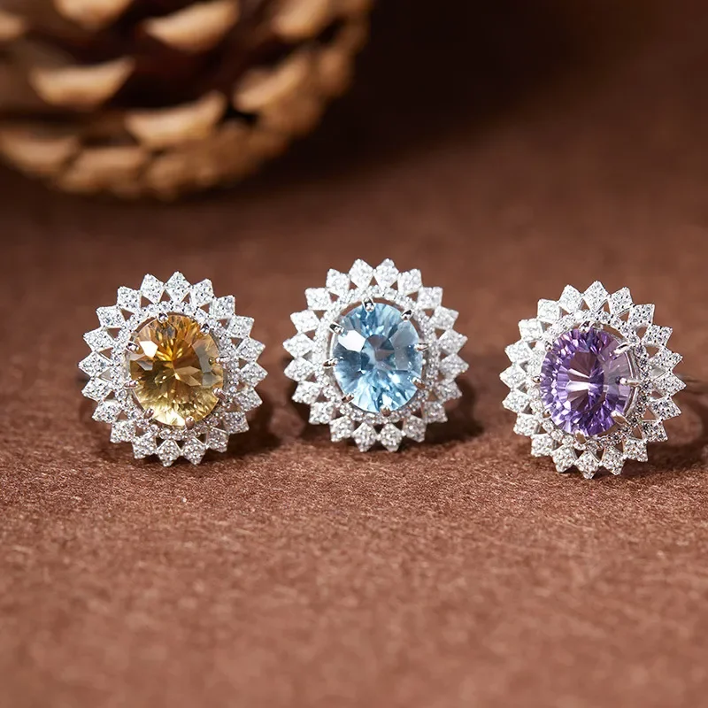 Sunflower natural citrine amethyst topaz ring women's s925 sterling silver live stream color treasure factory wholesale