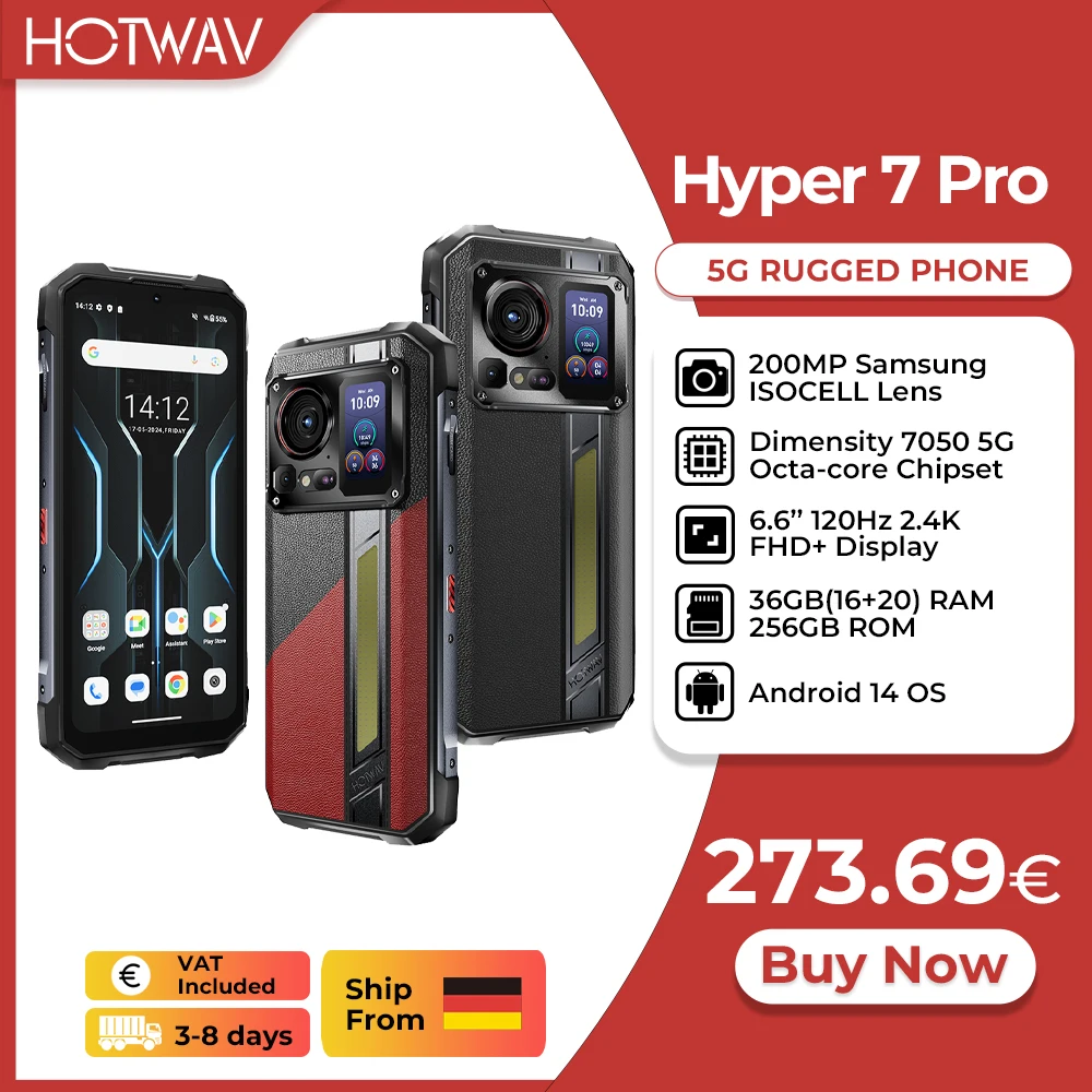 [Ship from DE] HOTWAV Hyper 7 Pro 5G Rugged Phone 200MP Android 14 6.6'' 120Hz Smartphone 36(16+20)GB 256GB 10800mAh Cell Phone