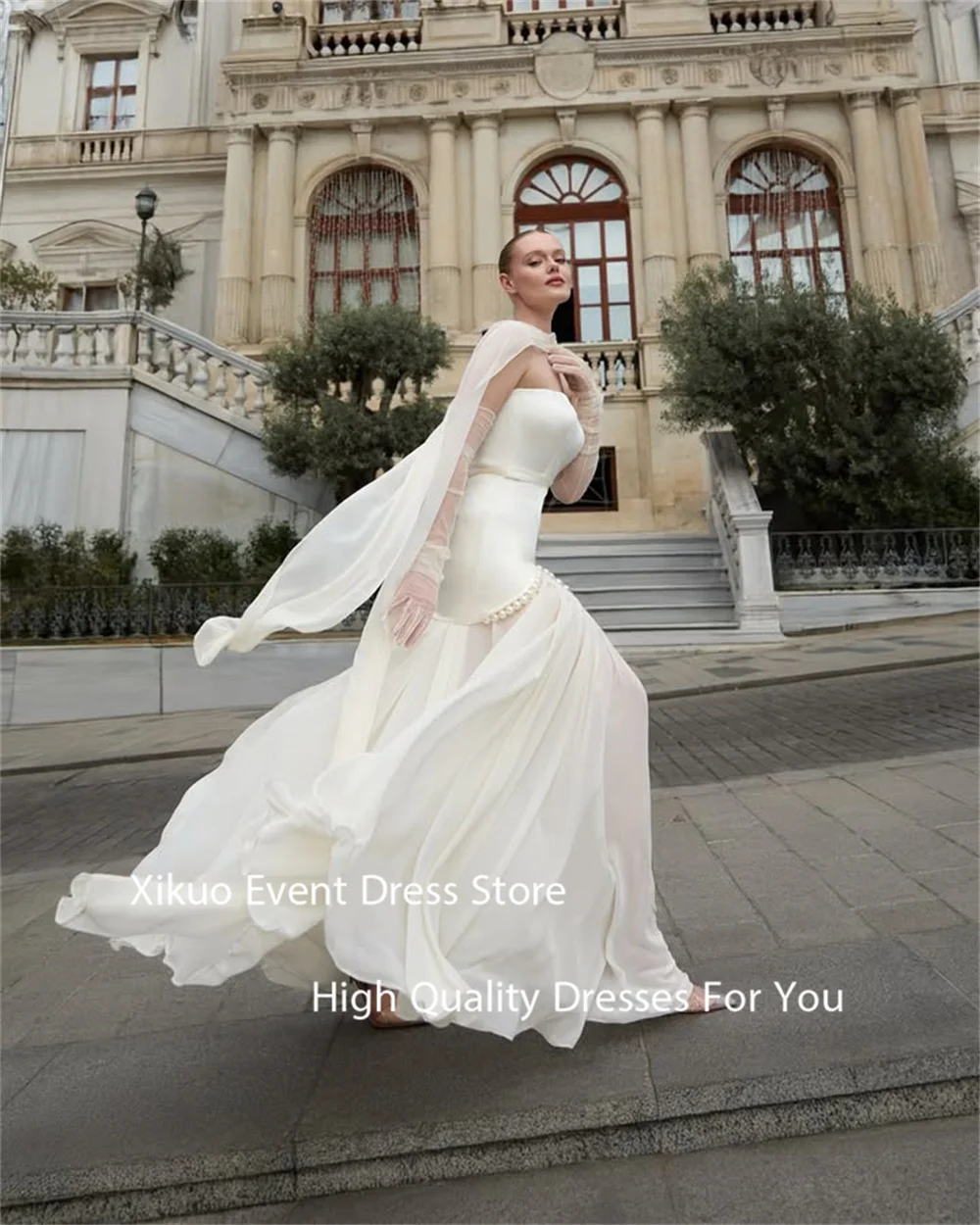 Xikuo Gaun Malam Merah Muda Dipangkas Mutiara Gaun Dansa Pesta Pita Tipis Gaun Prom Punggung Berenda A Line Tanpa Tali Disesuaikan