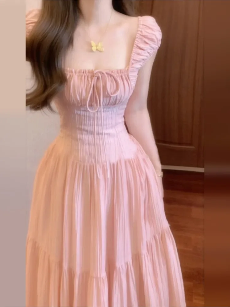 Elegante rosa ärmellose lange Kleider für Frauen quadratischer Kragen hohe Taille A-Linie Strand Stil koreanische Mode ein Stück Vestido neu