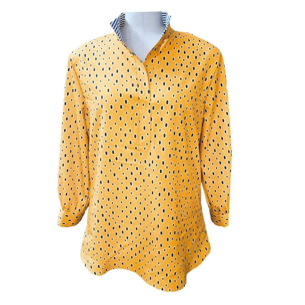 Autumn Lady Top Stylish Women's Stand Collar Blouse with Dot Print Striped Button Detail for Spring Fall Autumn Shirt