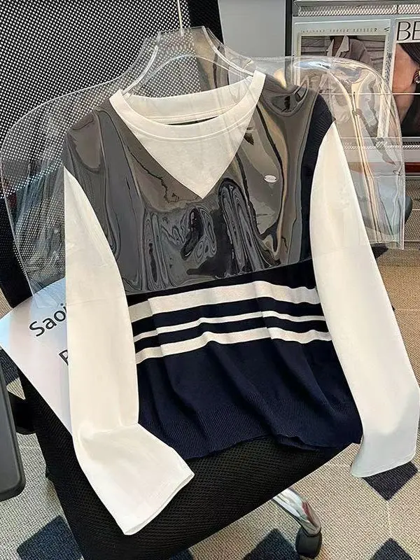 الراقية الأوروبية Sle مخطط تريكو المرأة قاعدة اللون Blo College Sle طويل Sve مطاطا جولة Ne ملابس يومية