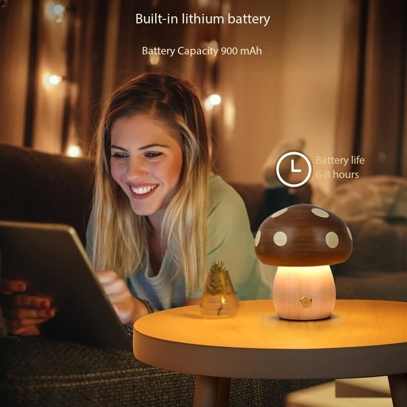 Creative LED Solid Wood Mushroom Night Light Bedroom Bedside Atmosphere Lighting Children's Room Desk Lamp
