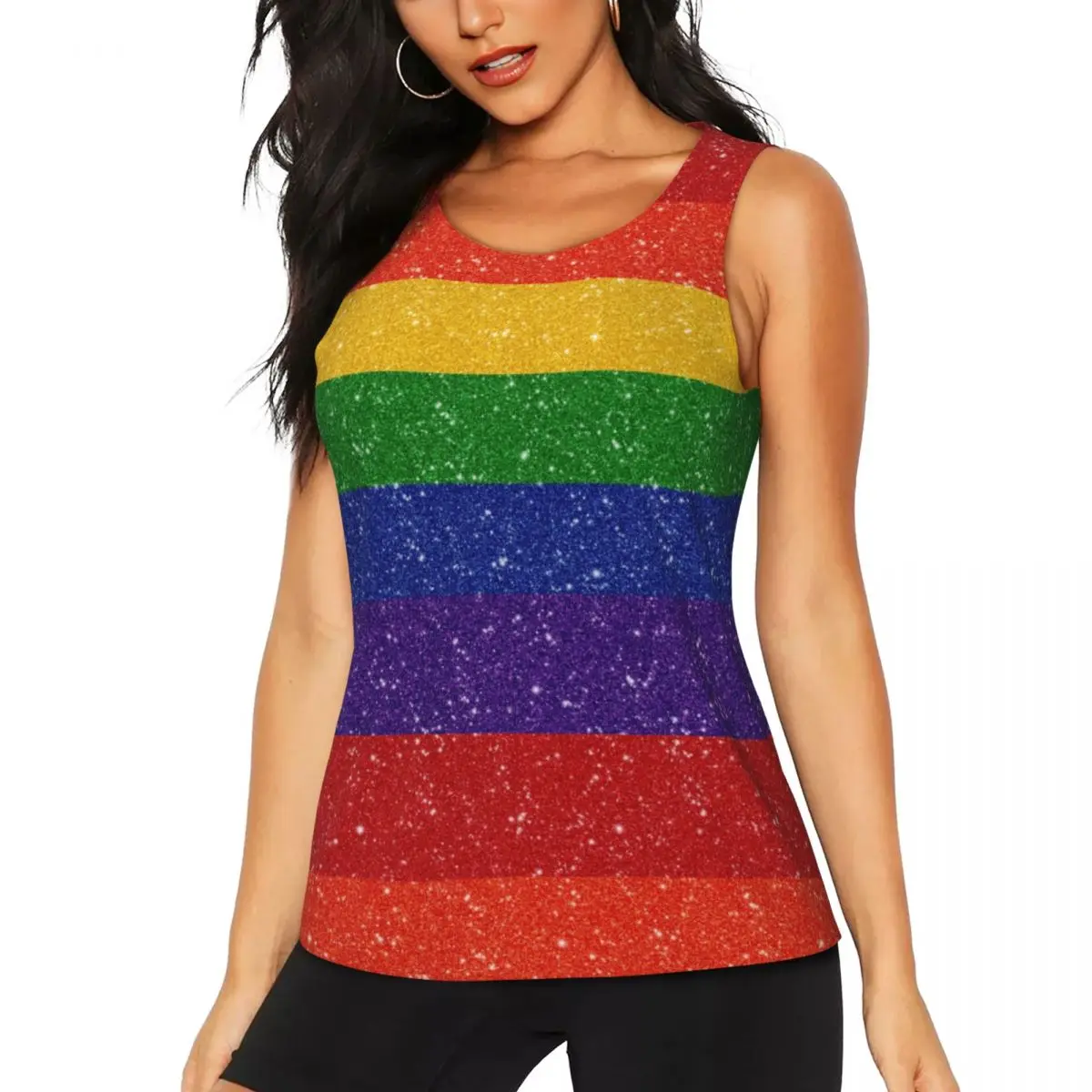 Custom Faux Glitter Rainbow Pride Flag Workout Tank Tops for Women Quick Dry Sleeveless LGBT Gay Lesbian Yoga Shirt