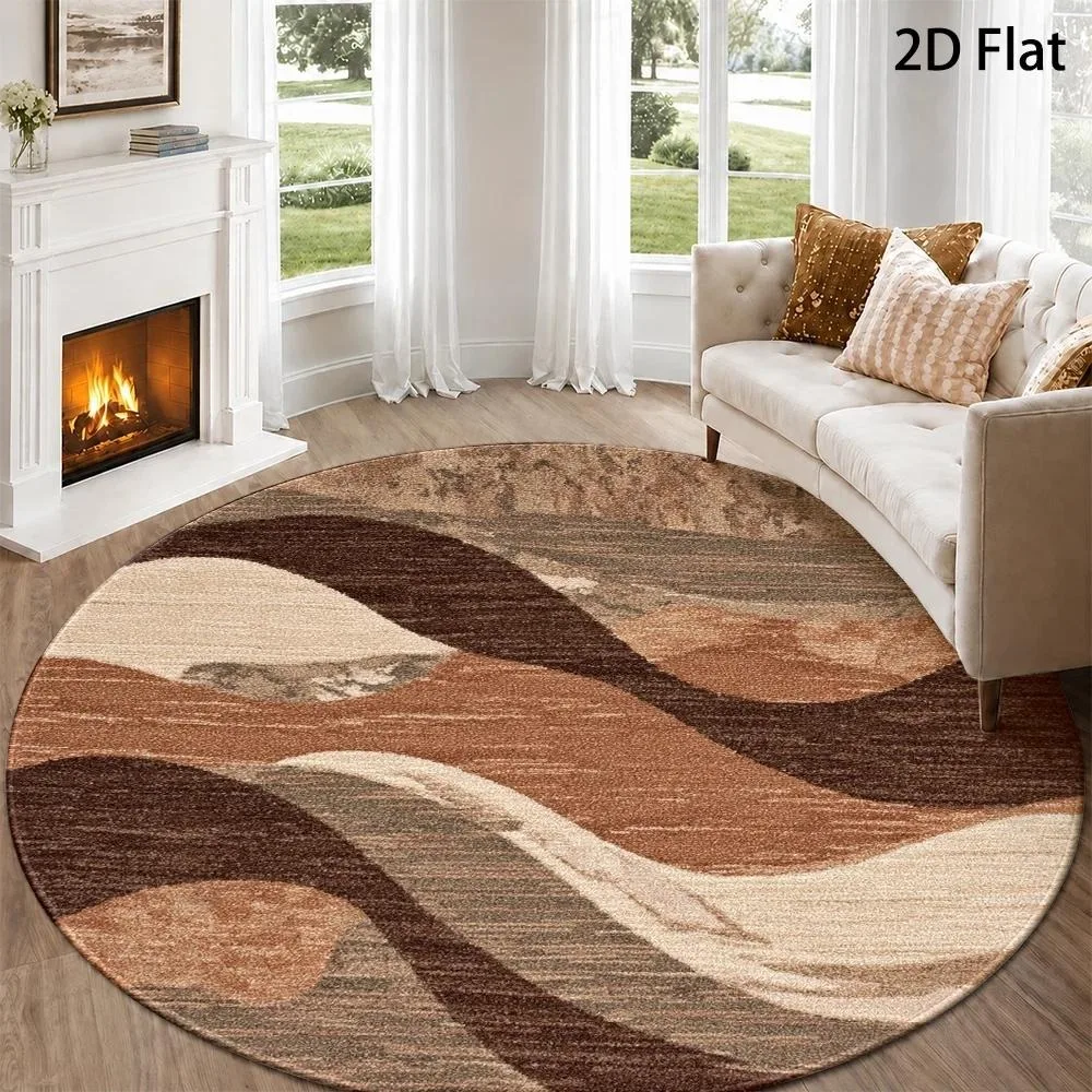 Brown Beige Geometric Round Rug Modern Concentric Circle Curved Arc Striped Texture Print Circular Floor Mat for Living Room