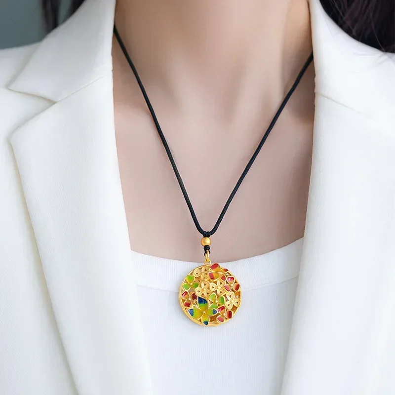 

9999 Real Gold 24K Ethnic Style Retro Enamel Color Butterfly Love Flower Pendant Hollow Flower Silk Pendant Black Rope Necklace