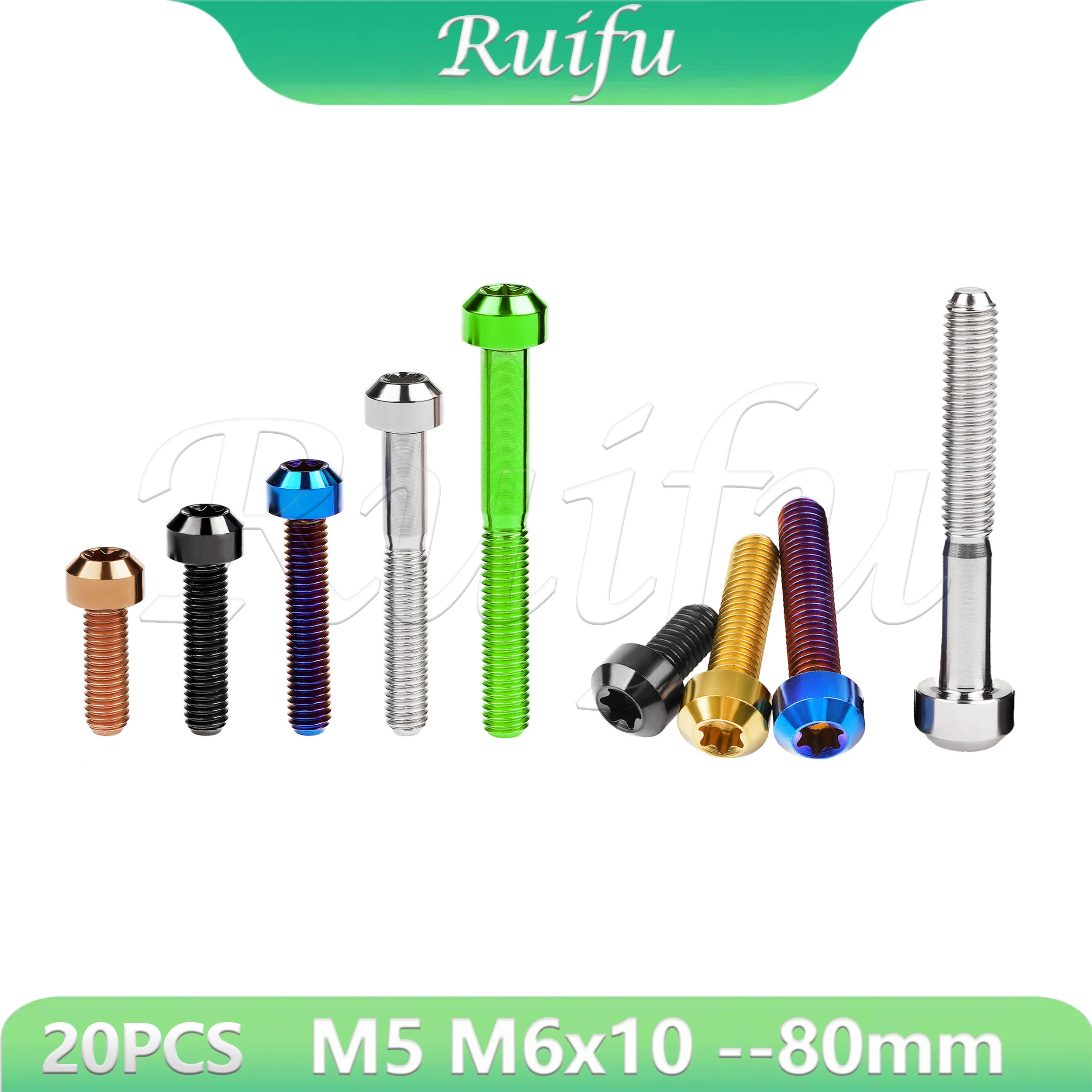 

Ruifu Titanium Bolt 20PCS M5/M6x10 15 20 25 30 35 40 45 50 55 60 65 70 80mm Chamfered Torx Head Screw for Bicycle Motorcycle