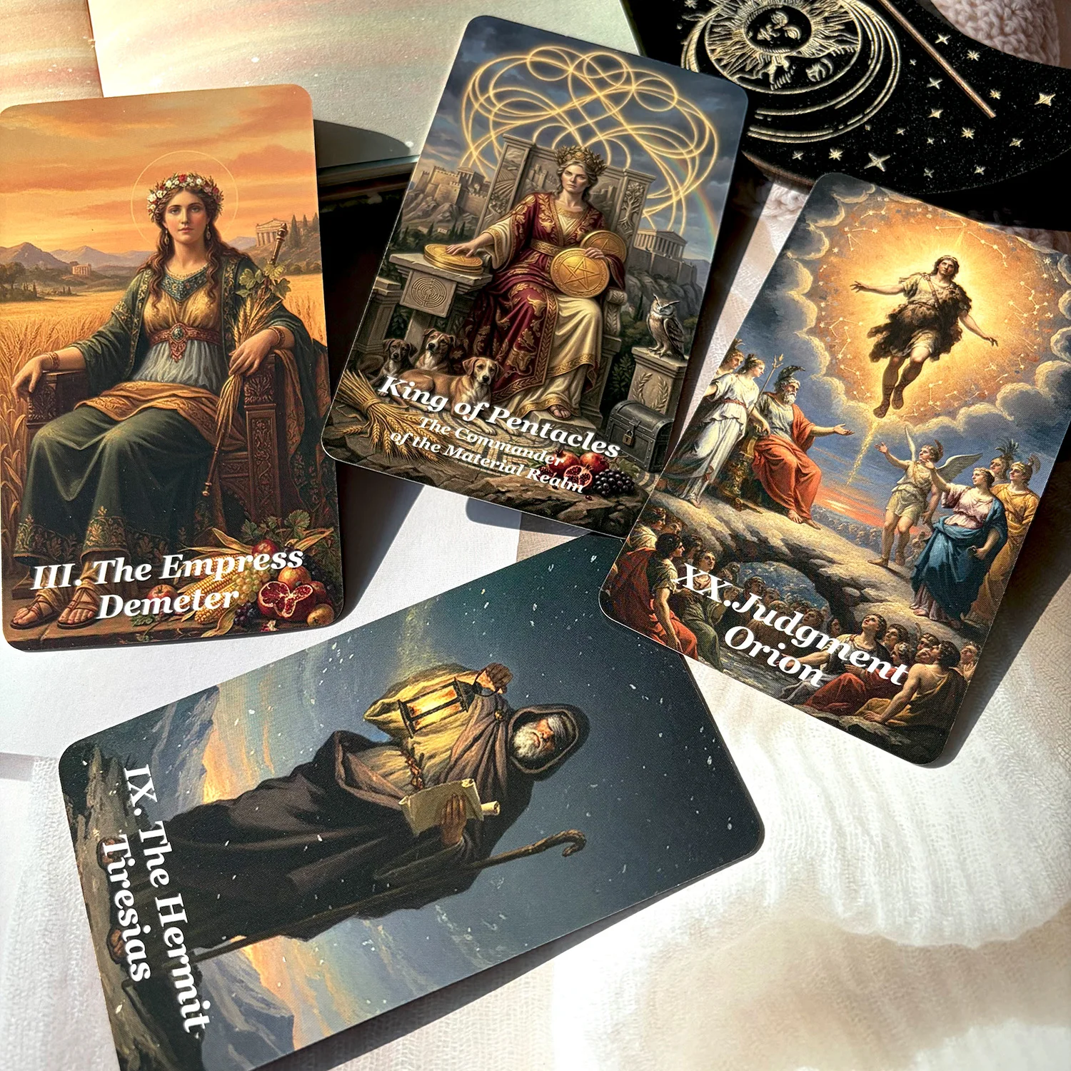 

An Original Deck, Accompanied by PDF Guides in English, Spanish, German, and French; Themed Around Ancient Greek Mythology.