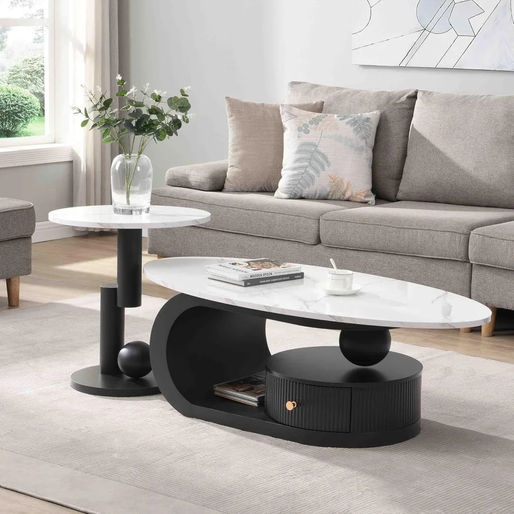 

Luxury Nesting Coffee Table Set in Modern Design with Black Base and Faux Marble, Including Oval Living Room Table Duo