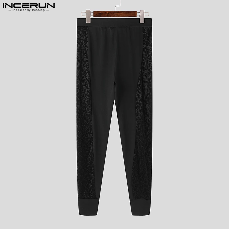 Sexy Stylish Style Trousers INCERUN 2024 Men Lace Patchwork Tight Elastic Pants Party Nightclub Male Perspective Thin Pantalons