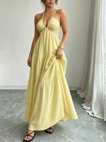 Women Halter Maxi Dress Neck Tiered Gathered Bust Textured Empire Waist Dresses Casual Boho Summer Date Vacation Beach Dress - Image 4