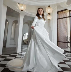 Simple Detachable Train Wedding Dresses Muslim Mermaid Sexy Satin Women's Bridal Gowns High Neck Long Sleeve Formal Vestido 2024