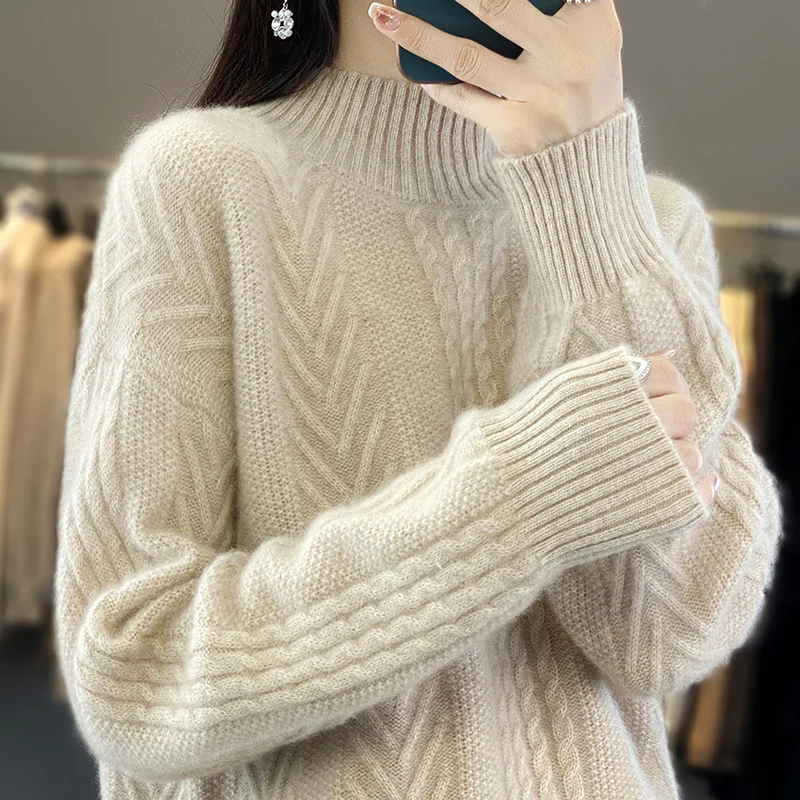 4-color New Women\'s 100 Pure Wool Knitted Women\'s Half High Neck Pullover Sweater Loose and Comfortable Autumn and Winter Women\'