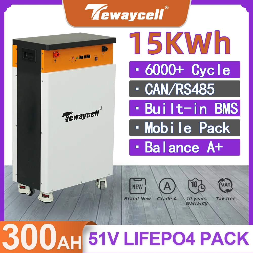 Bateria Powerwall LiFePO4, Fosfato de Ferro de Lítio, BMS Embutido, PODE Monitor RS485, 48V, 51V, 15kWh, 10kWh, 300Ah, 200Ah, 6000 Ciclo