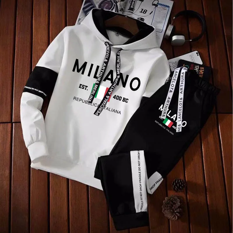 Conjunto de sudadera con estampado de letras Milano para hombre, sudaderas con capucha, pantalones de chándal, trajes de diseño, traje de Jogger,