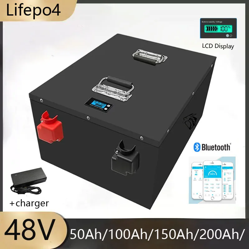 

LiFePO4 New 48V 50Ah 100Ah 200Ah Battery Pack Built-in Bluetooth BMS Lithium Iron Phosphate For Solar Golf Cart RV Storage Boat
