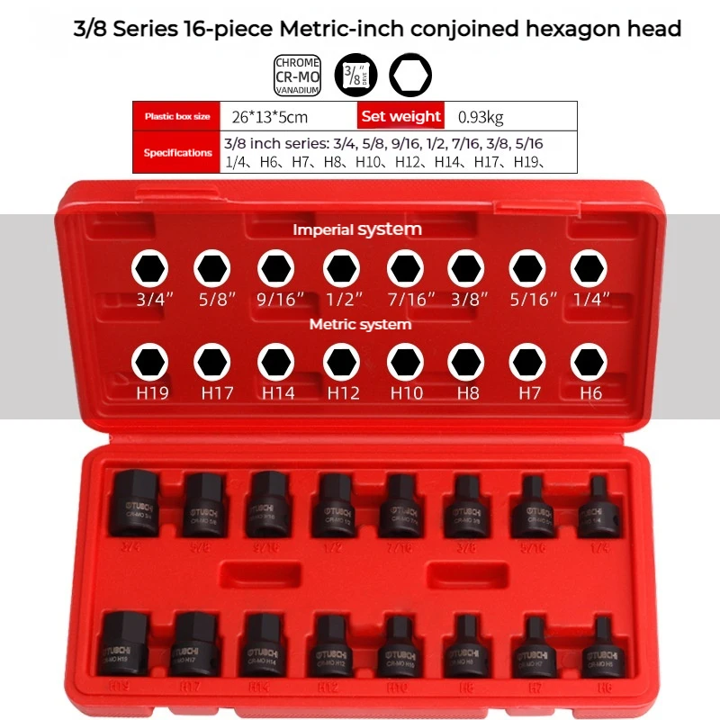 3/8 Inch Drive Low Profile Impact Hex Driver Set SAE/Metric 1/4-3/4 Inch 6-19mm Cr-Mo Steel Integrated Construction Hand Tool