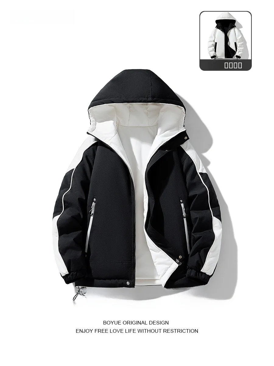 

Двусторонняя хлопковая куртка Boyue с капюшоном, модная, теплая, из полиэфирного волокна, с длинными рукавами, на молнии, повседневная