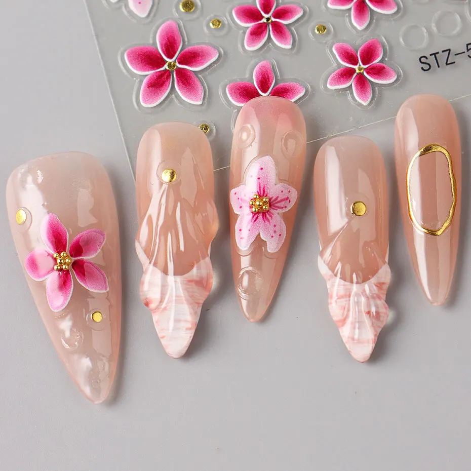 5D 핑크 꽃 꽃 네일 스티커 봄 여름 귀여운 꽃잎 네일 슬라이더 브론 징 열대 꽃 네일 참 포일 아트 장식