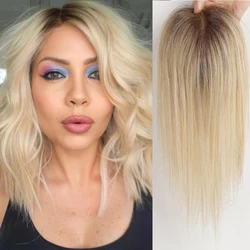 100% Remy Human Hair Toppers Lase Base Clips in Hair 12inch Straight Blonde Human Hairpieces Dark Root Hair Extensions for Women