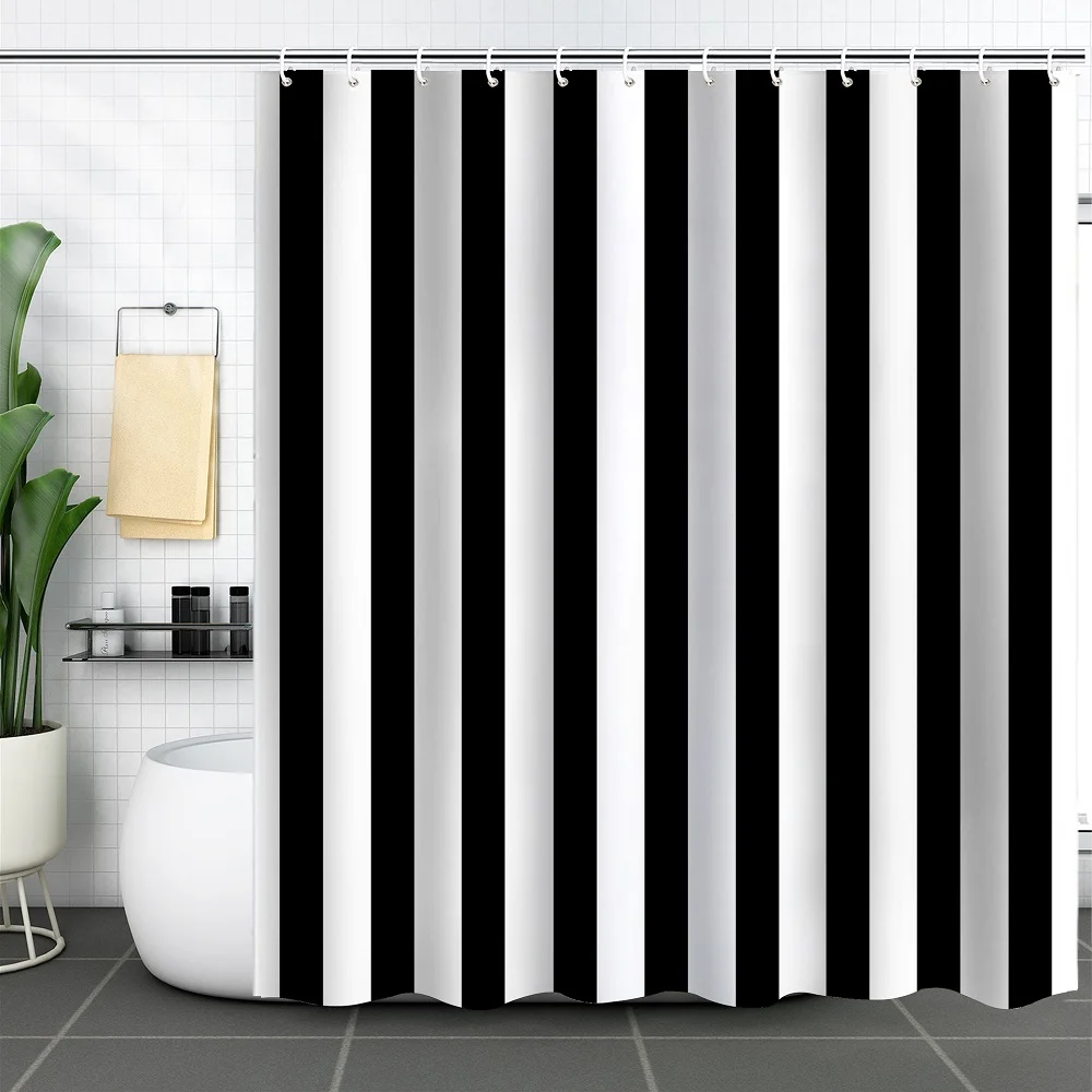 

Black and White Striped Shower Curtain Modern Simple Classic Waterproof Fabric Bathroom Bath Curtains Home Decor with Hooks