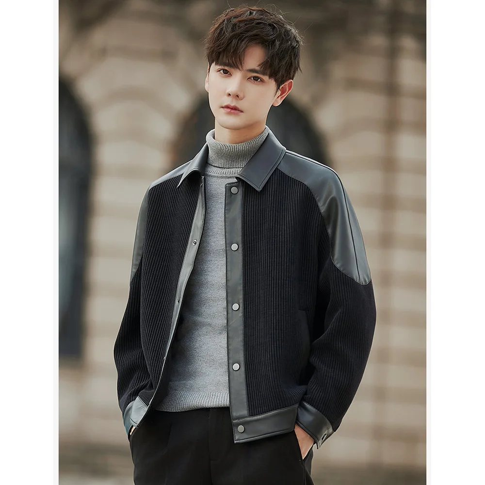 

Men Business Casual Splice Leather Fashion Handsome Spring Autumn Short Jacket Man Korean Streetwear Coat Outerwear