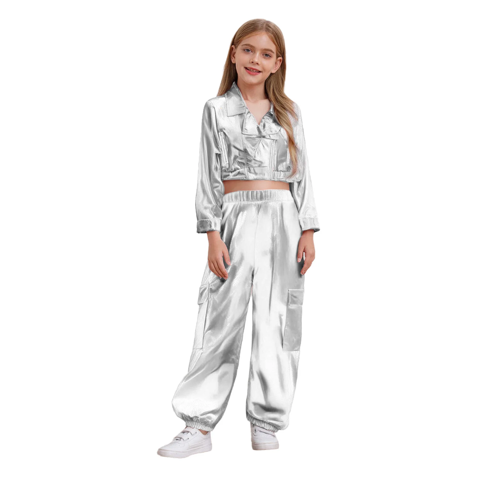 

Kids Girls Hip-Hop Jazz Dance Costumes Holography Metallic Shiny Turn-Down Collar Long Sleeve Jacket Coat Outwear+Pants 2Pcs