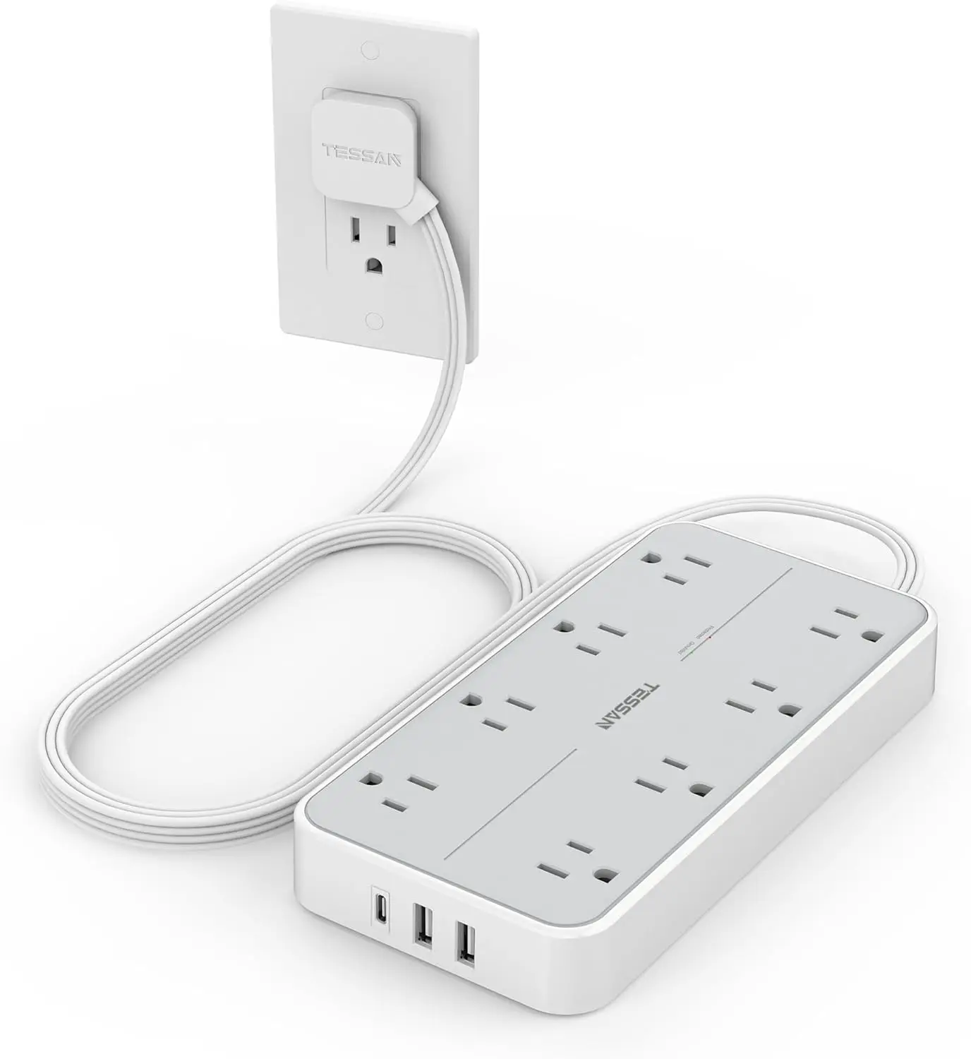 

8-портовый сетевой фильтр с плоской вилкой, 3 USB-портами, защитой от перенапряжения, настенный, для дома и офиса