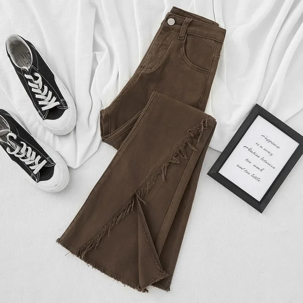 Brown Side Slit Micro Flared Jeans New 2022 High Waisted Slimming Fringed Coffee Color Bell Bottom Trousers For Spring Autumn