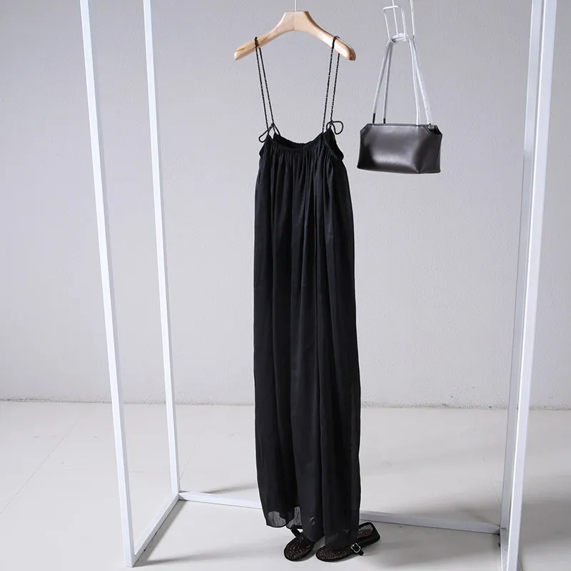 Linen and Silk Pleated Stretch Neckline Adjustable Straps Slip Dress