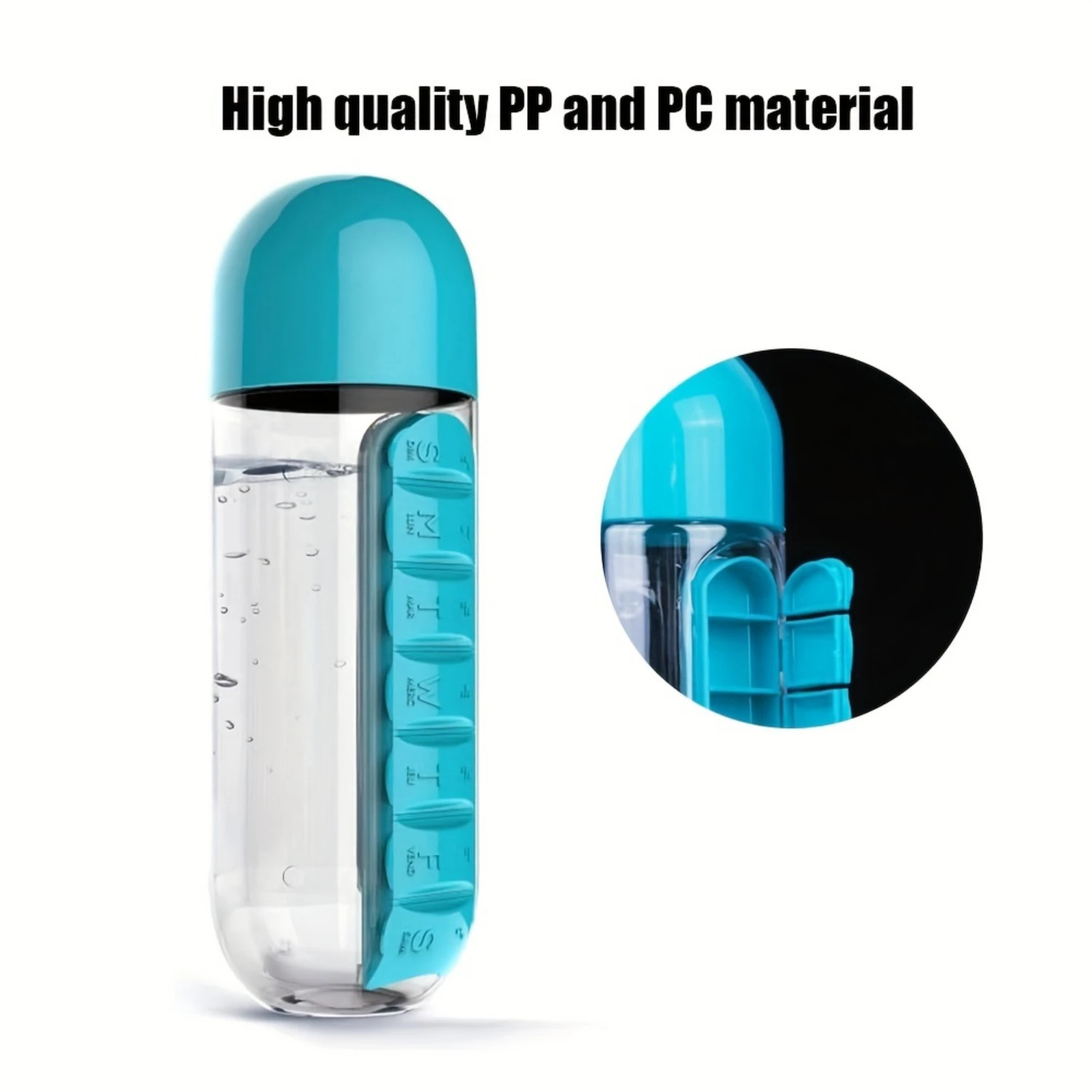 Water Bottle & Pill Organizer - Travel  Container for Water, Juice, Vitamins - Portable 7-Day Pillbox - for Outdoor, Gym, Travel