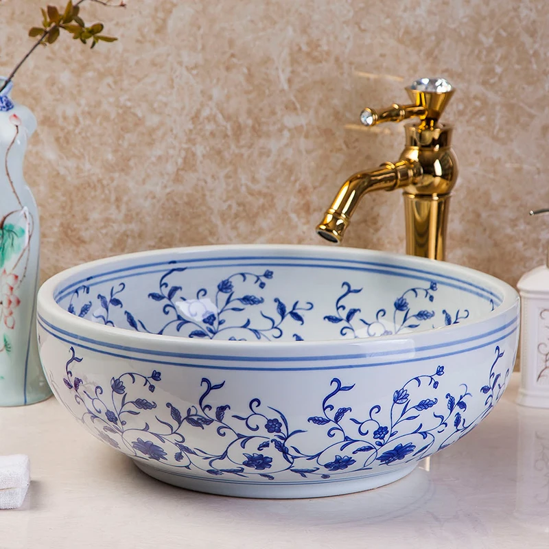 Jingdezhen hand paint craft blue and white ceramic bathroom wash basin sinks