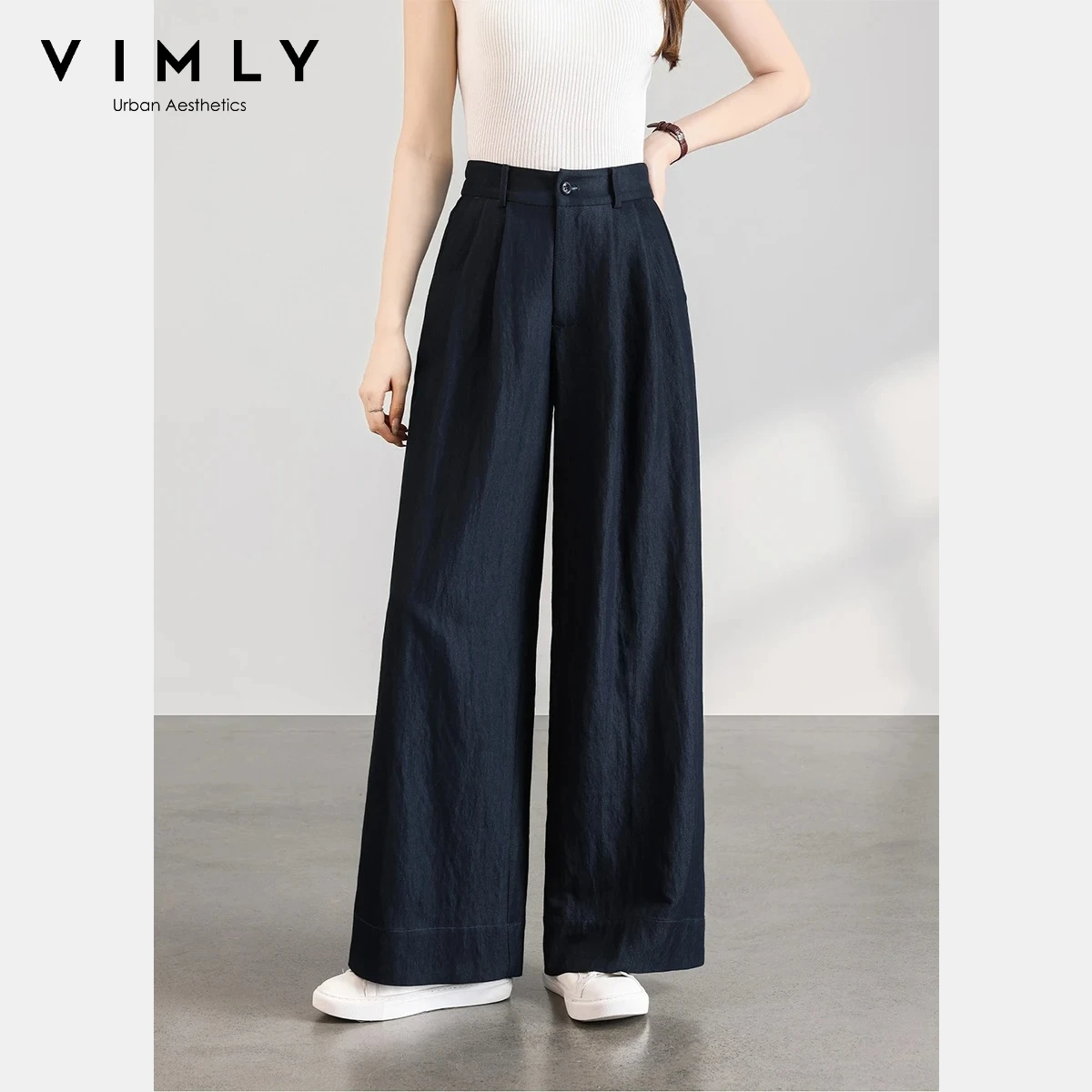 VIMLY Women's High Waist Casual Wide Leg Pants 2026 Summer Simple Elastic Back Pleated Loose Straight Cropped Trousers A6219