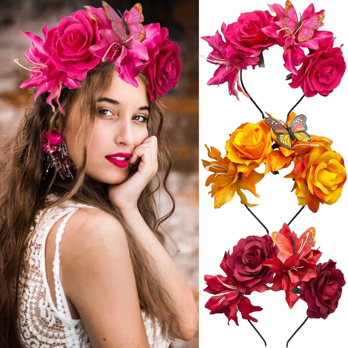 Women Artificial Lily Hair Band Faux Flower Butterfly Headband Artificial Rose Flower Crown Halloween Party Headwear Accessories