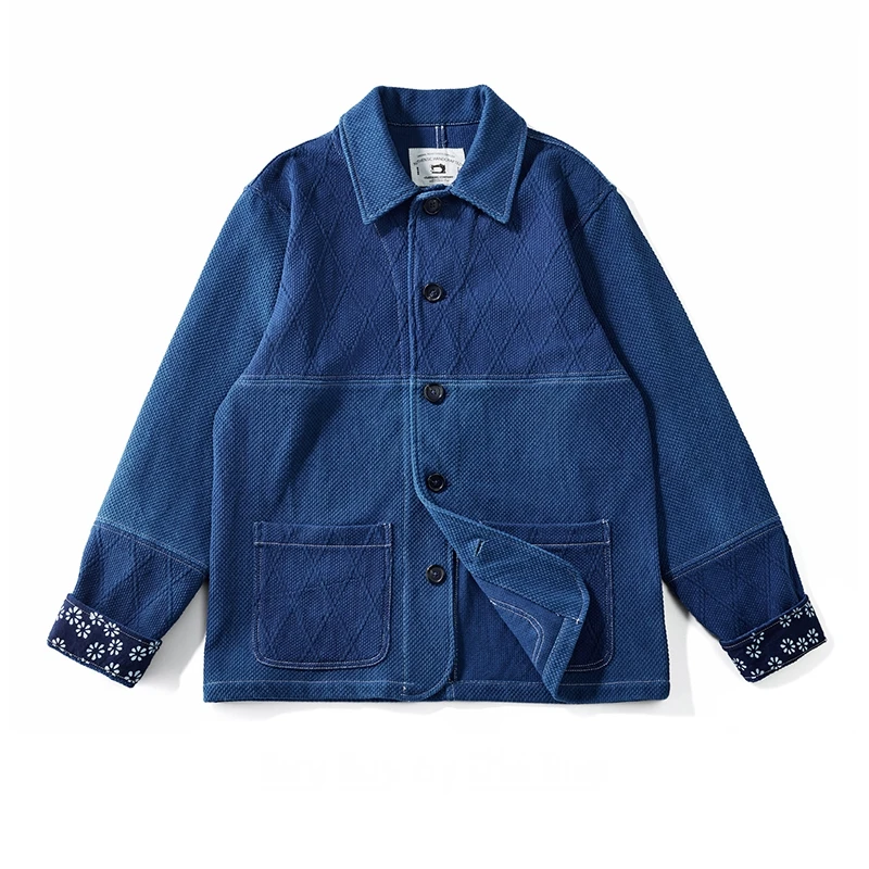 

Men's Japanese Vintage Workwear Jacket Hand Dyed Indigo Cotton Coat Blue Causal French Cardigan Coat Heavy Weight Jacket Men