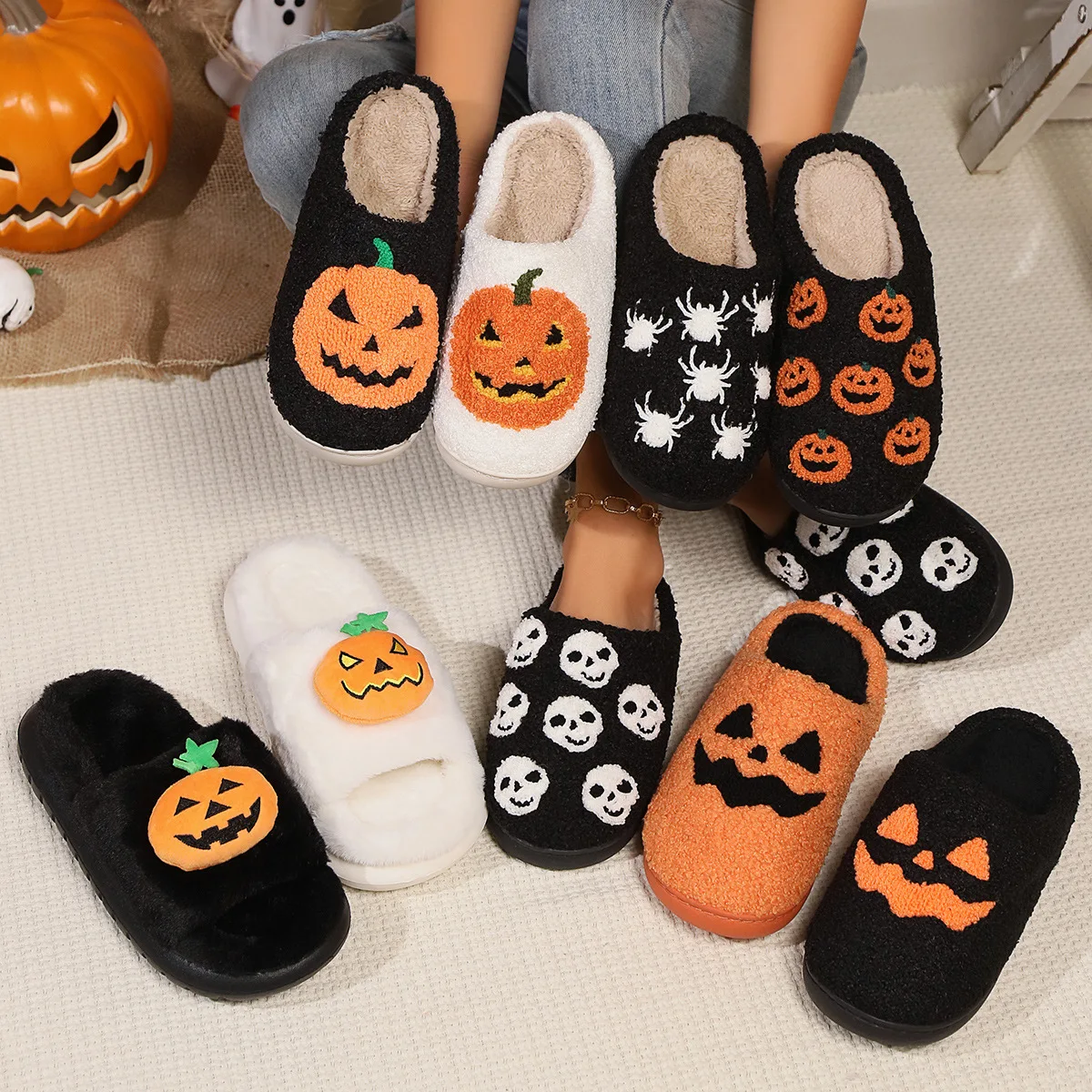 Halloween Pumpkin Slippers Women Men Finger Embroidery Spiders Warm Cotton Slippers Plush Anti Slip Resistant Couple Slippers