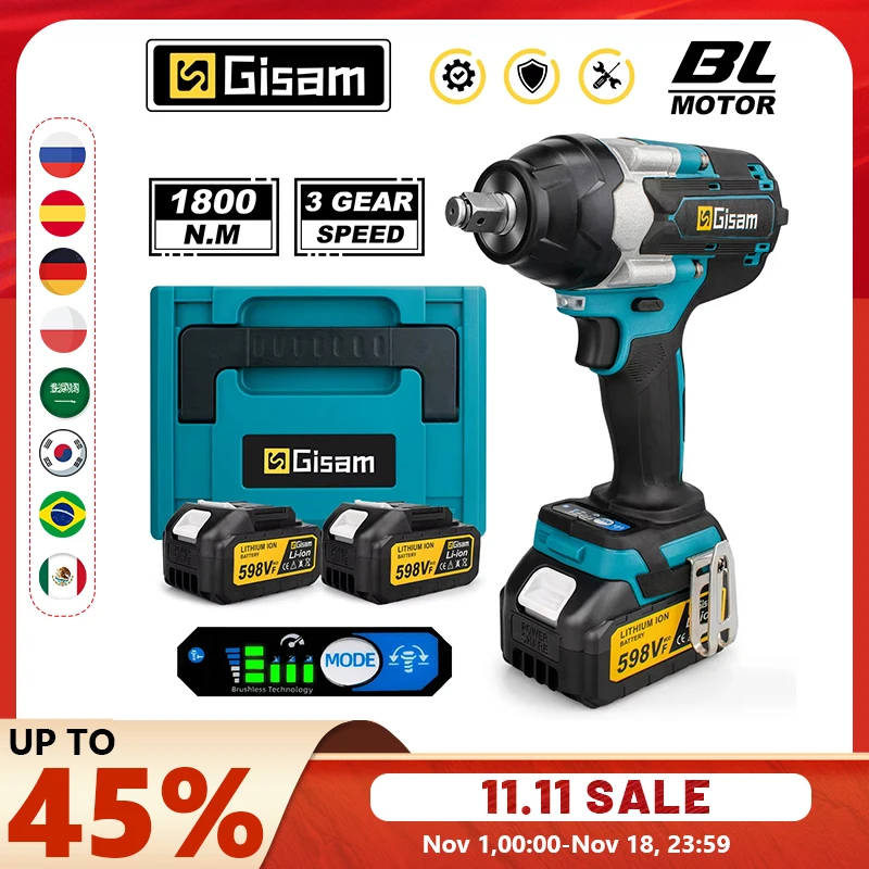 Gisam 1800N.M 토크 브러시리스 전기 임팩트 렌치 Makita 18V 배터리 핀용 1/2 인치 스크루 드라이버 무선 렌치 전동 공구