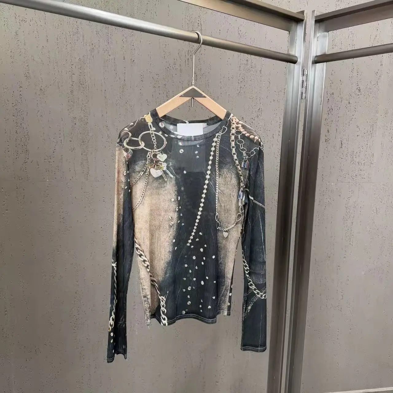 New Spring Summer Vintage Mesh Long Sleeve T-shirt Chain Printing Slimming Basic Tees Round Neck Women Sun Protection Shirts