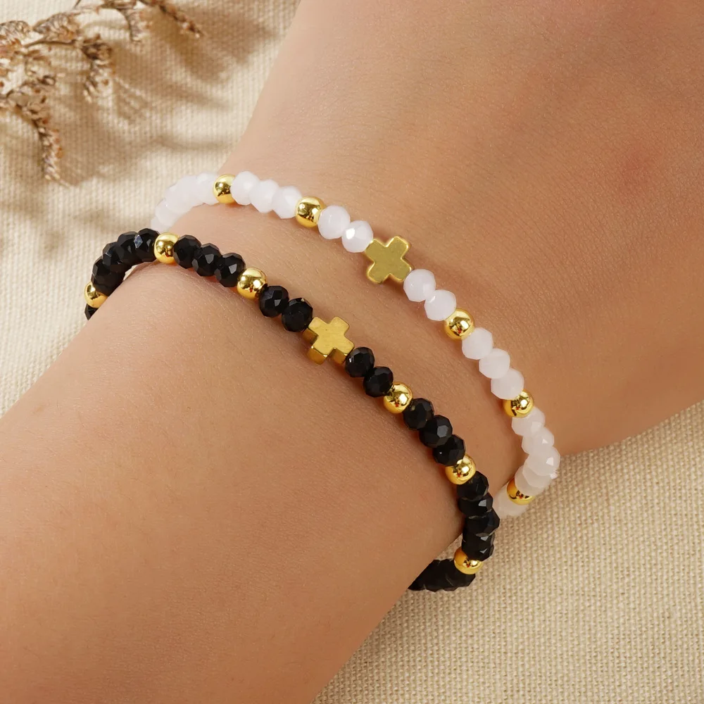 1pc Women's Fashion Bracelet Bohemian Style Multi Color Crystal Cross Beaded Elastic Rope Bracelet for Daily Gift Giving