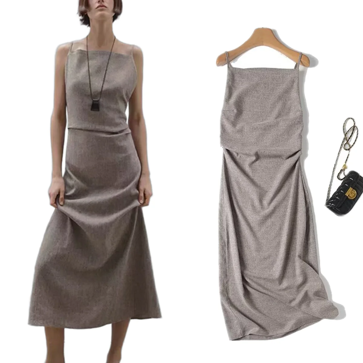 

Jenny&Dave Summer Evening Dress Minimalist Champagne Textured Sleeveless Dress French Retro Elegant Slim Tank Dress Women