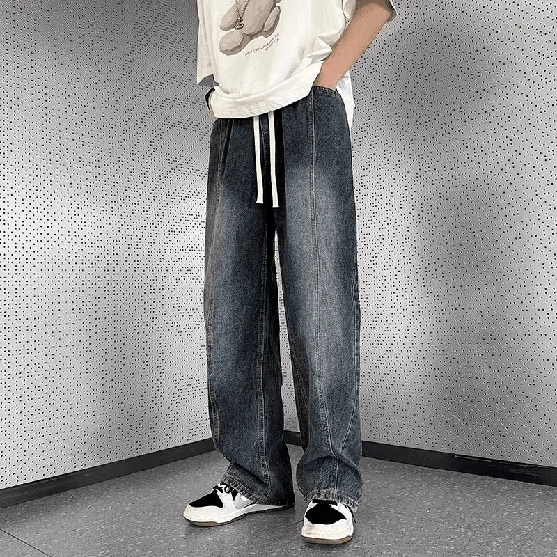 

Summer Large Size 250 Pounds Gradient Drawstring Jeans Men Loose Straight Wide Leg Long Pants Teenage Trendy Brand Casual Wear