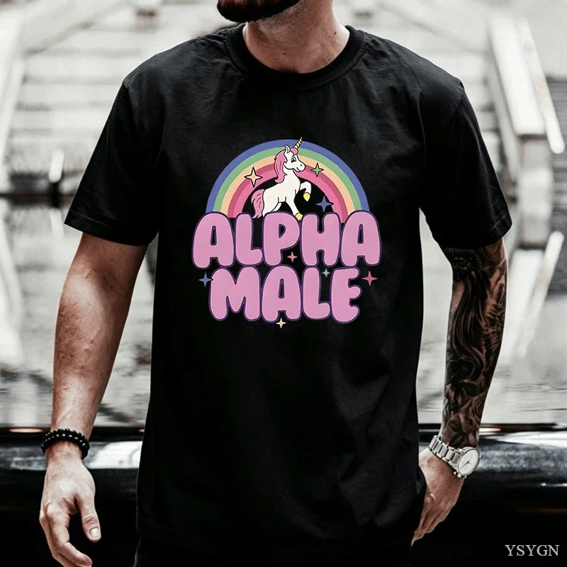Alpha Male Unicorn Rainbow T Shirts Oversize Men Casual Fashaion Graphic Tees Unisex Round Neck Print Mens Short Sleeve Tshirt