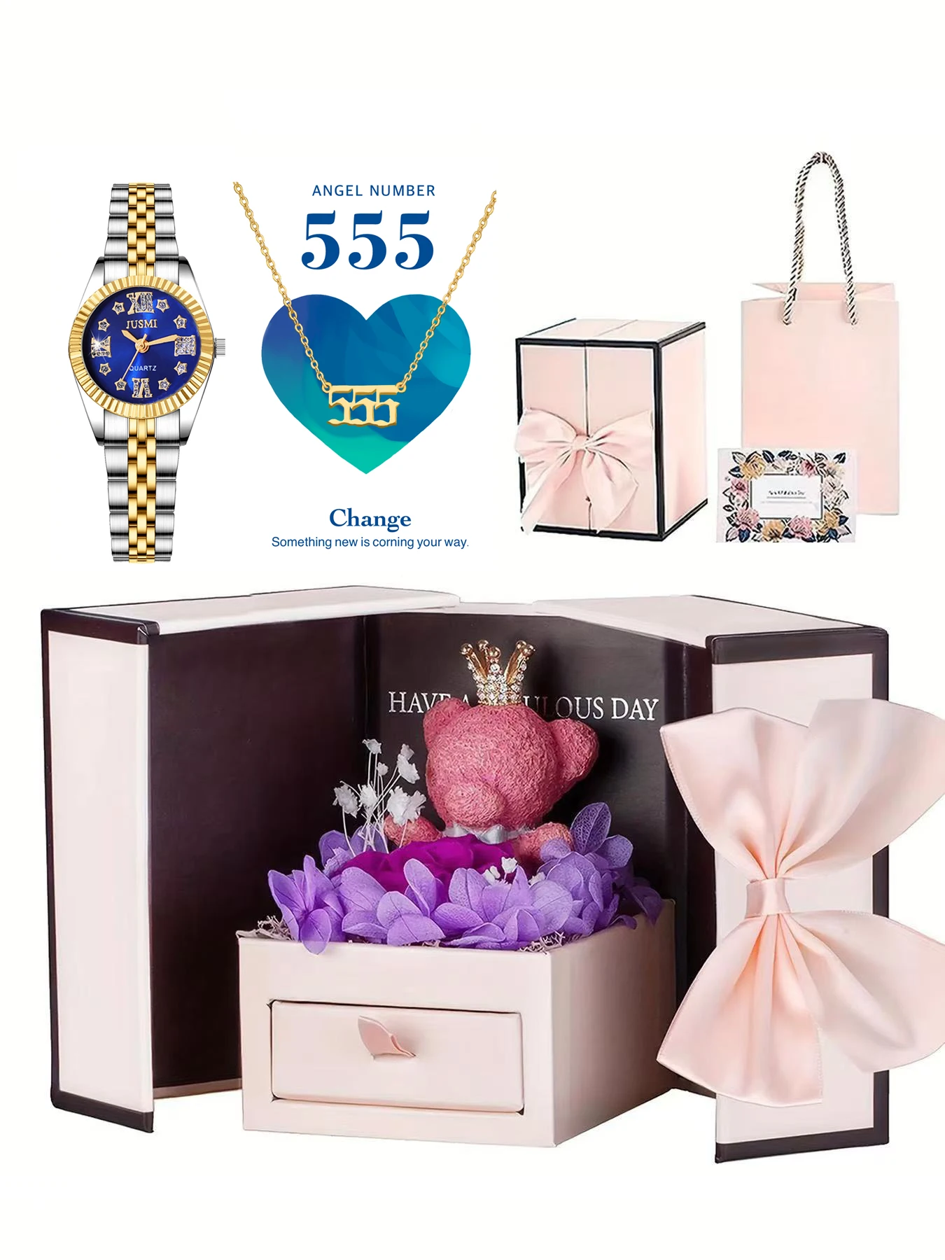 أزياء السيدات الأرقام الرومانية الهاتفي قلادة الدب الصغير المحفوظ زهرة 3 قطع مجموعة هدية مربع مجموعة #1