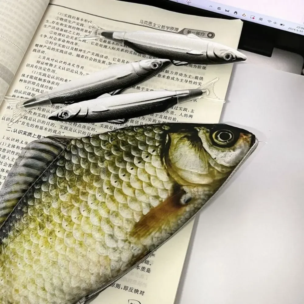 Cartoon Large Capacity Pen Bag Simulated Crucian Carp Multifunctional Pencil Case Stationery Organizer Student