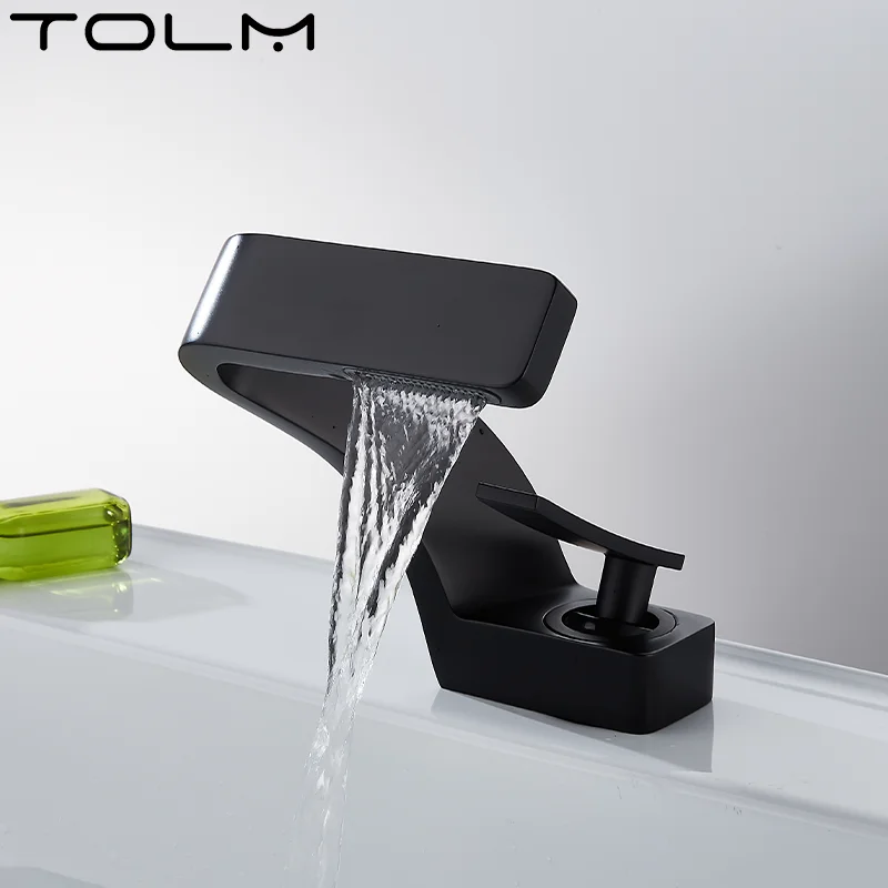 

TOLM Chrome White Basin Faucet Deck Mounted Waterfall Bathroom Vessel Sink Mixer Tap Single Handle Hot Cold Water Tap