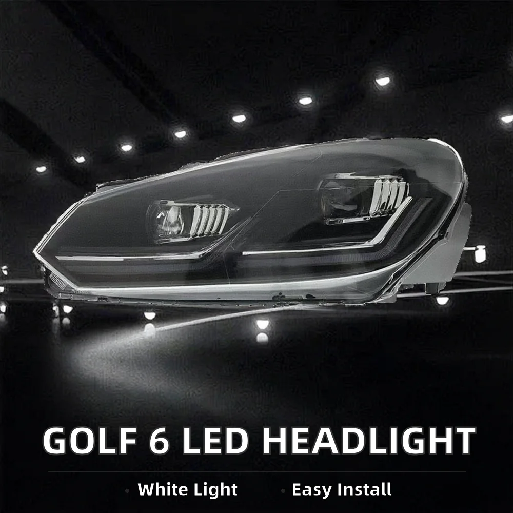 

For VW Golf 6 MK6 2008-2013 Cool White LED Headlight with Silver Trim Strip Plug and Play Auto Lamp New Condition Headlights