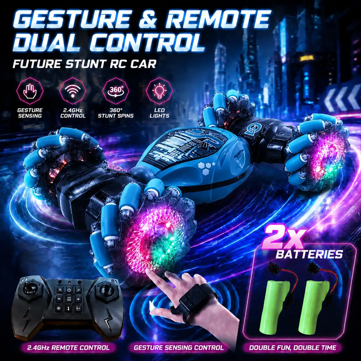 Remote Control Car - 2.4GHz 4WD Gesture Sensing RC Stunt Car Toys For Boys And Girls Ages 6-12, 360° Rotating Drift RC Cars With Lights And Music, Ideal Birthday And Xmas Gift