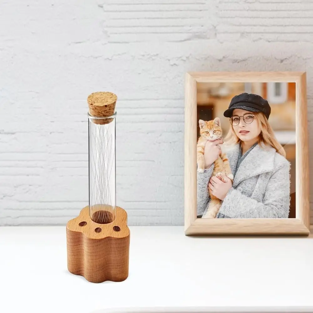 Wooden Base Cat Hair Holder Transparent Paw Shape Hair Keepsake Display Vase Compact Size Durable Pet Memorial Gift Pet Lovers