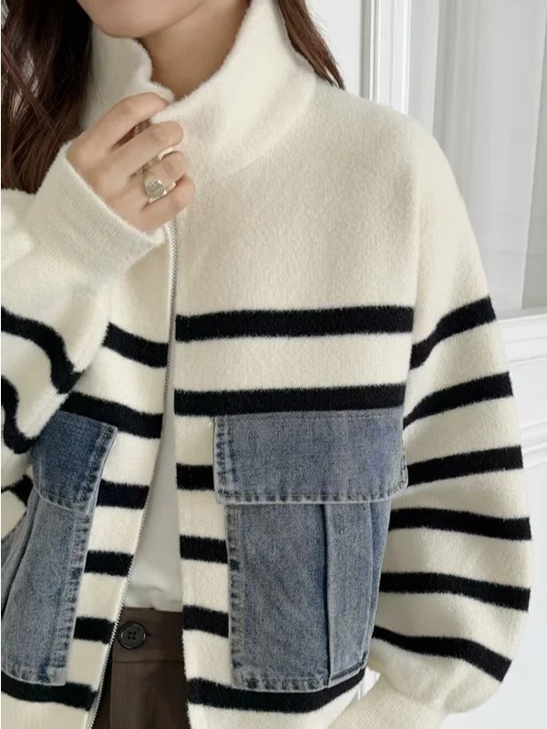 الكورية مخطط الوقوف طوق المرقعة الدنيم ثي الدافئة المرأة سترة Jaet الشتاء Faion تصميم أعلى ل 8-24 سنة #3