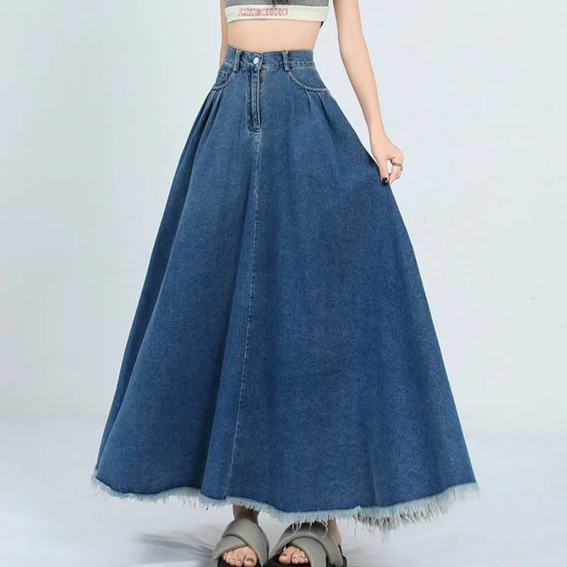 Fashion Tassel Hem Denim Long Skirts Womens Summer Vintage A- Line Maxi Jeans Skirt High Waist Women Long Skirt Korean - view 2